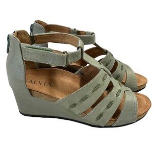 Salvia Reed Sage Green Leather Wedge Sandal, New in Box